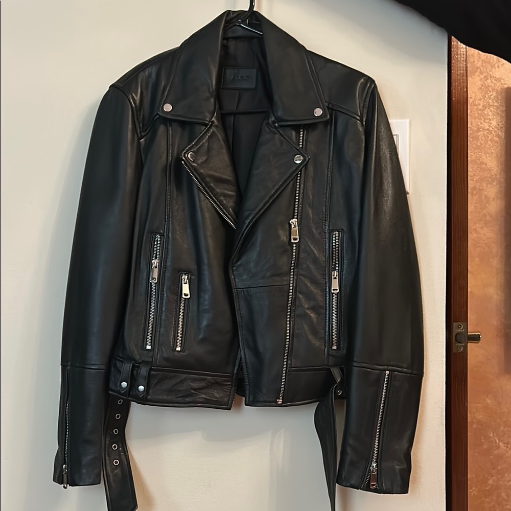Aldo Black Leather Jacket with Asymmetrical Zipper and Belt Detail